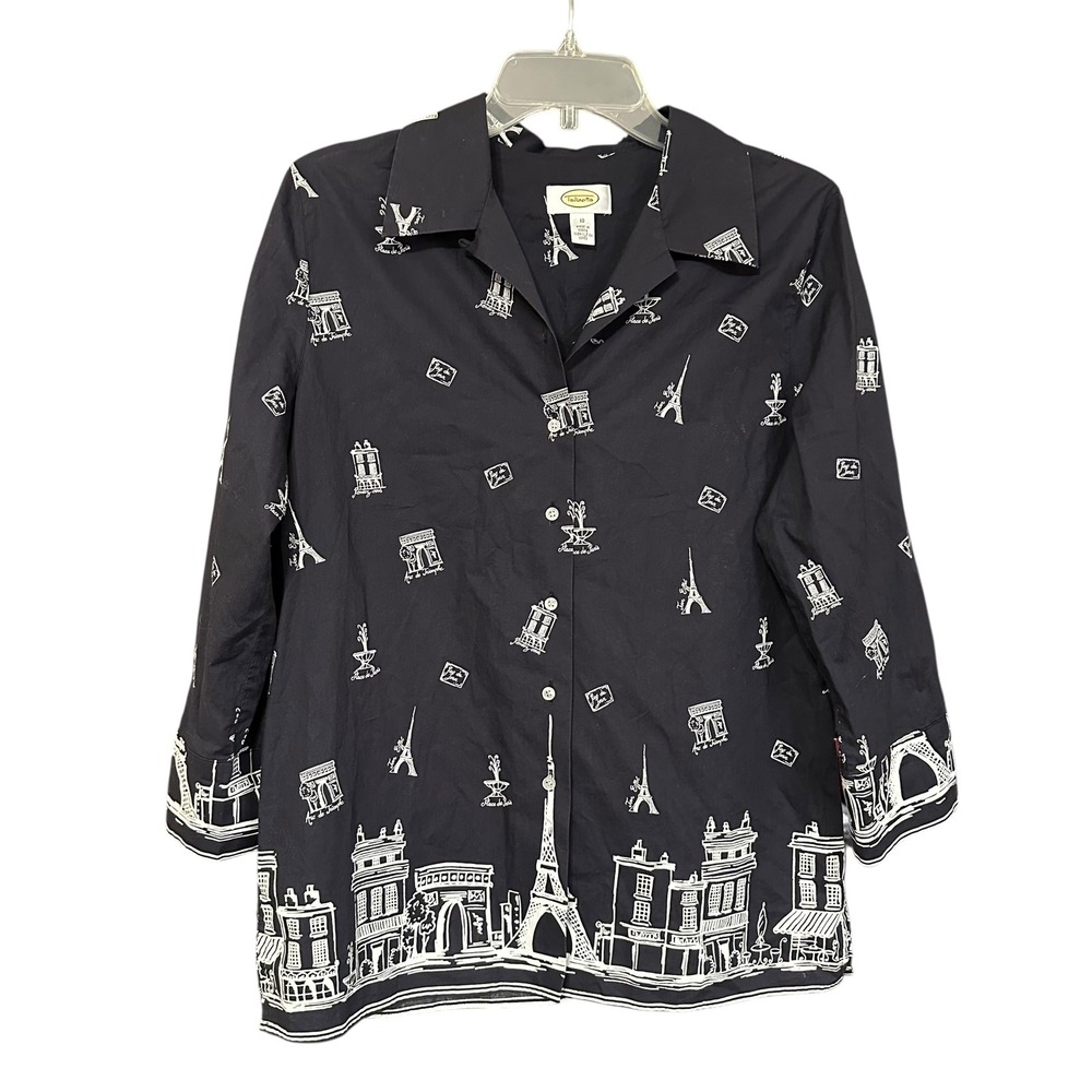Talbots Button Up Blouse Shirt Black White Paris Print Long Sleeve Sz 10 Travel